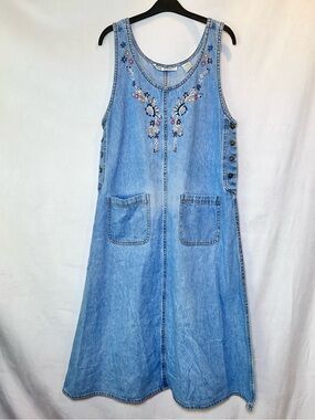 Jane Ashley Denim Embroidered Jumper Overall Midi Dress Country Cowgirl Size M